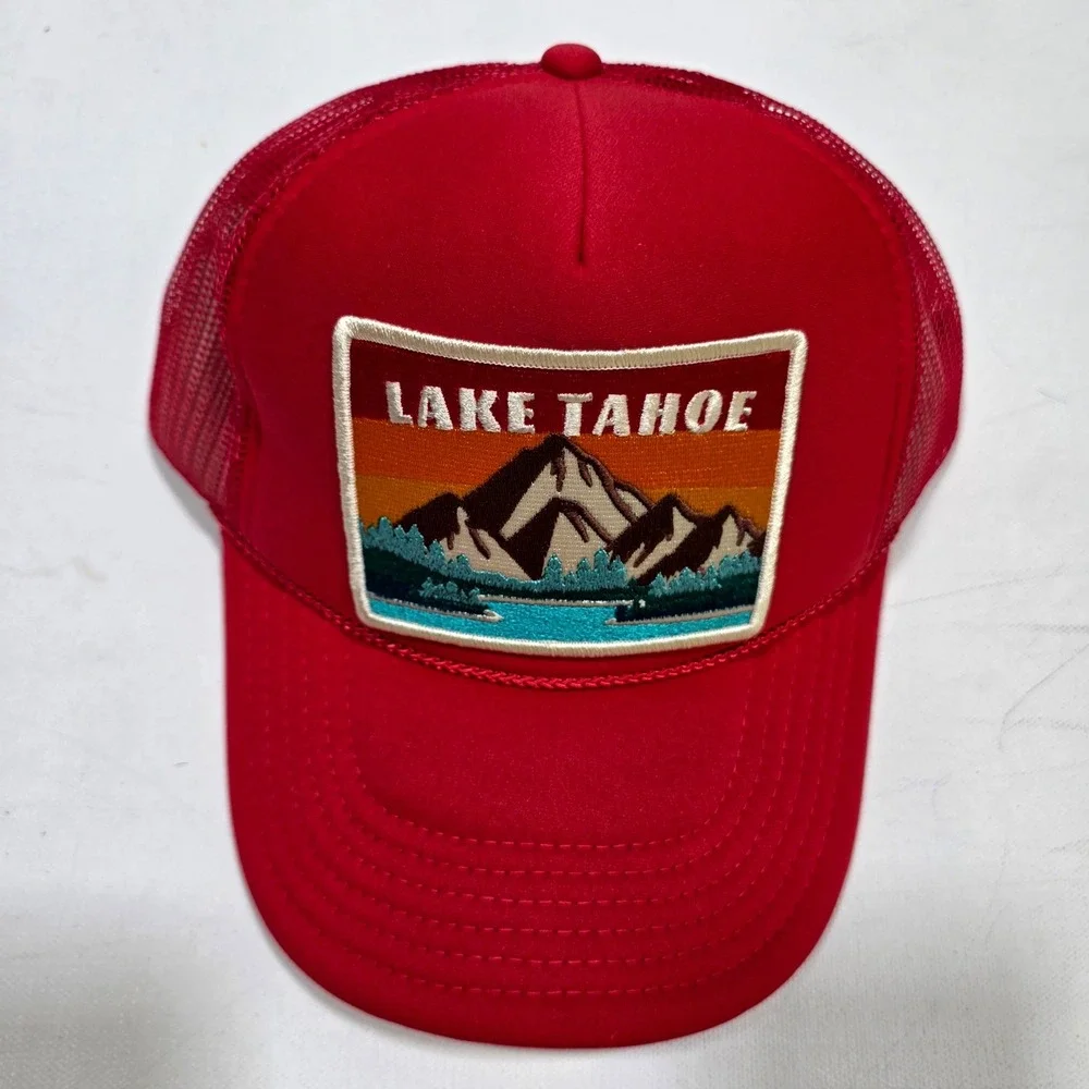Port Sandz Trucker Hat Red Lake Tahoe Mountain Patch Mesh Snapback Cap Camping